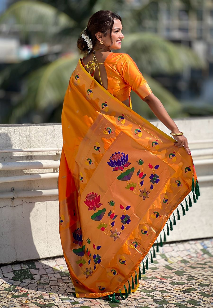 Orange Silk Blend Paithani Saree