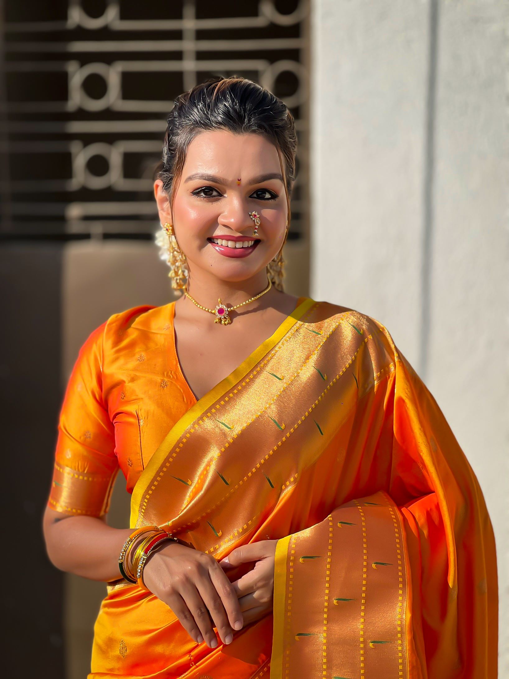 Orange Silk Blend Paithani Saree With Gudi Padwa Print
