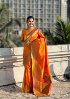 Orange Silk Blend Paithani Saree With Gudi Padwa Print