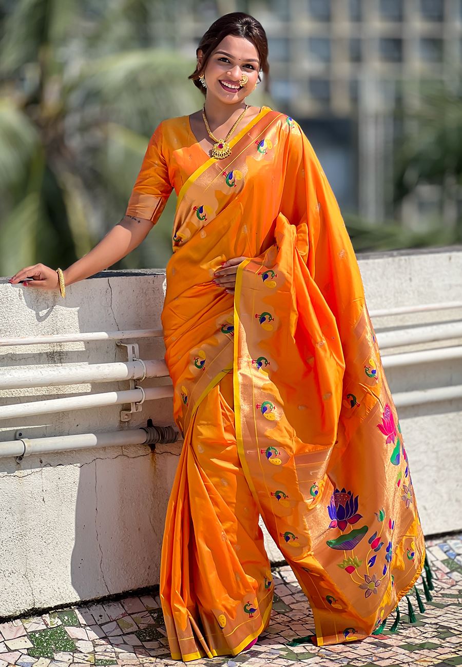 Orange Silk Blend Paithani Saree