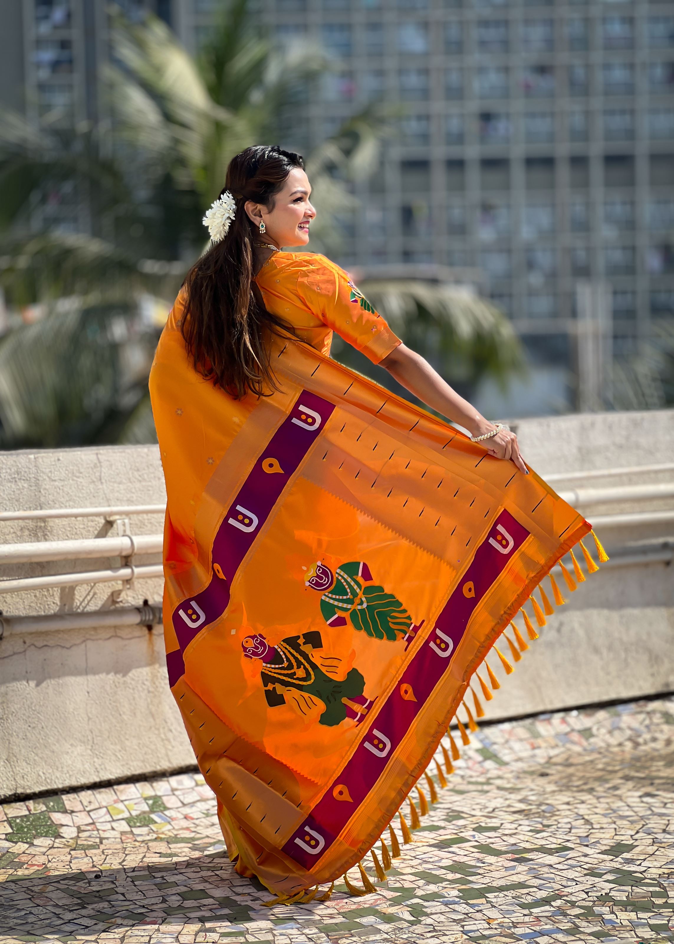 Orange Silk Blend Vitthala God Paithani Silk Saree