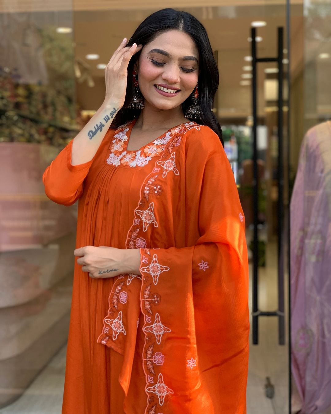 Orange Silk Chiffon Elegant Kurta Pant Set With Embroidery Work