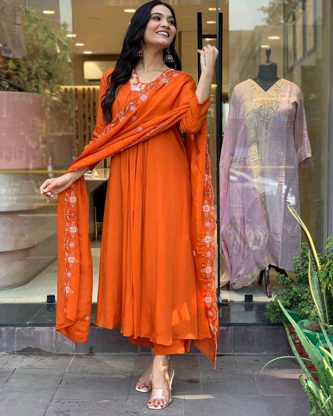 Orange Silk Chiffon Elegant Kurta Pant Set With Embroidery Work