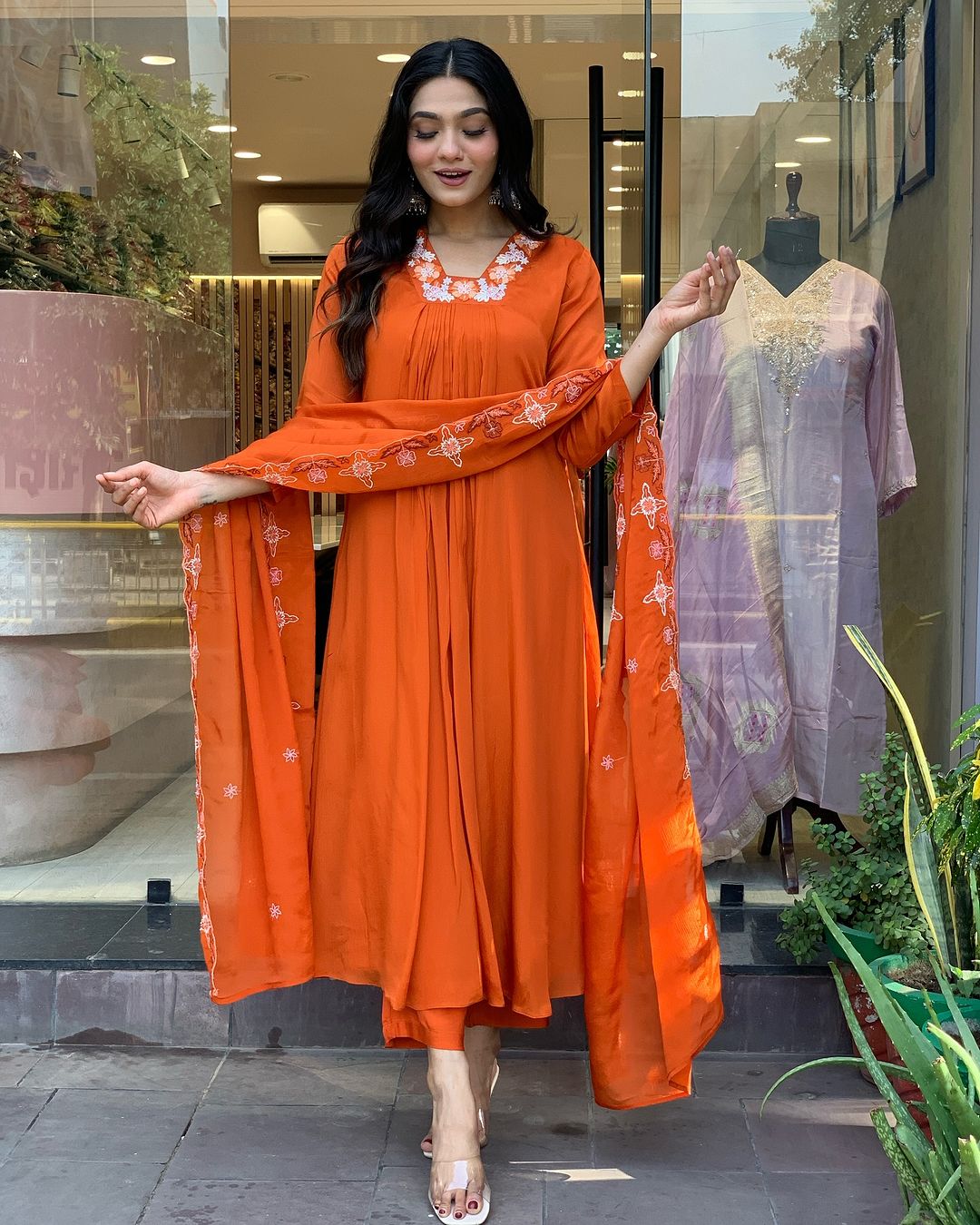 Orange Silk Chiffon Elegant Kurta Pant Set With Embroidery Work