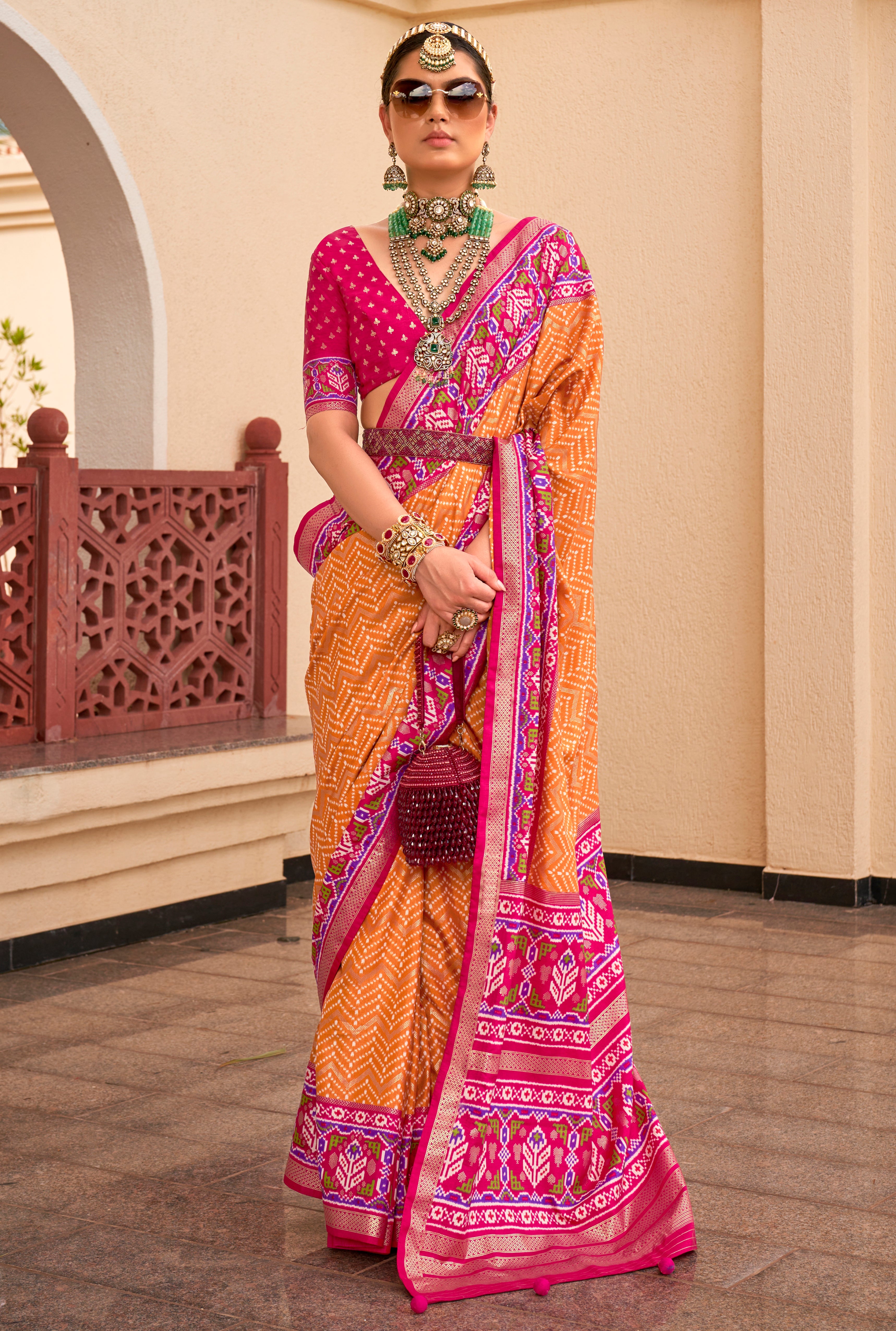 Orange Silk Saree With  Digital Patola Print