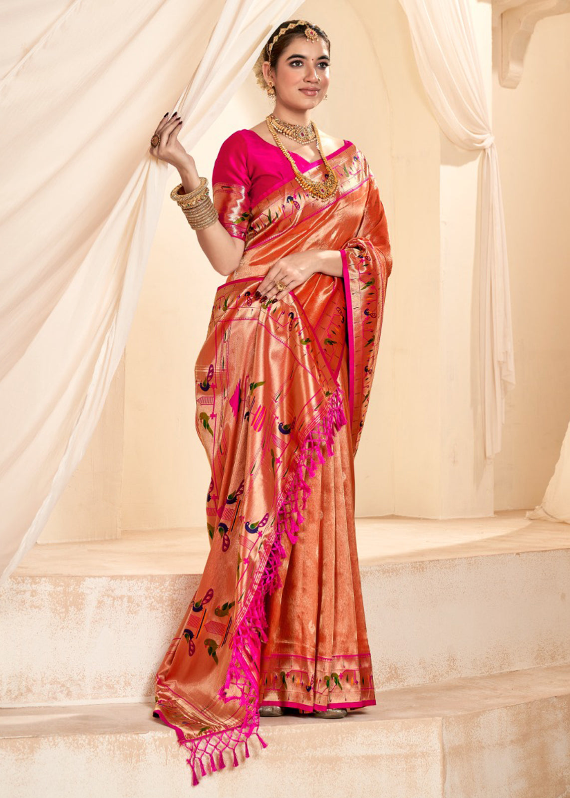 Orange Silk Saree With  Jacquard Woven Work