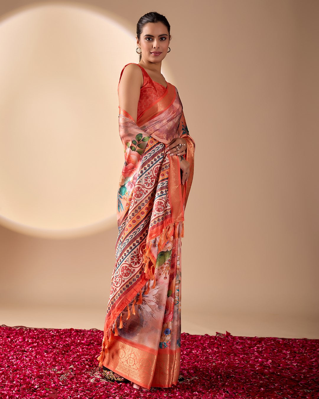 Orange Soft Lichi Silk Saree With Digital Printed Festive Designer Saree