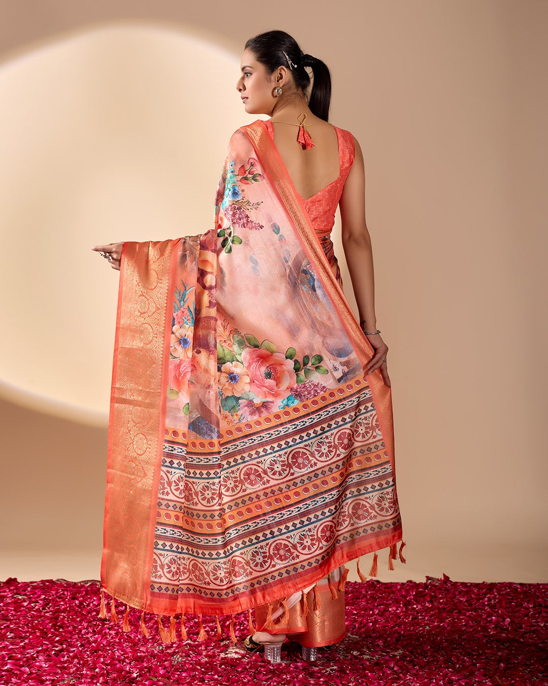 Orange Soft Lichi Silk Saree With Digital Printed Festive Designer Saree
