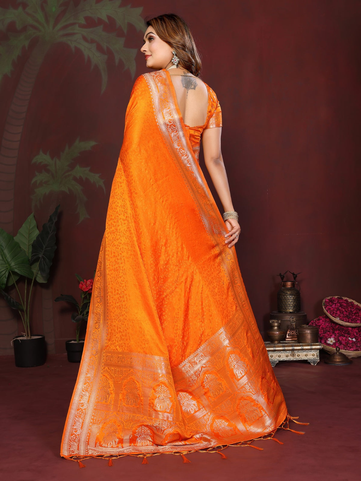 Orange Soft Satin Silk Saree With Elegant Zari Weaving