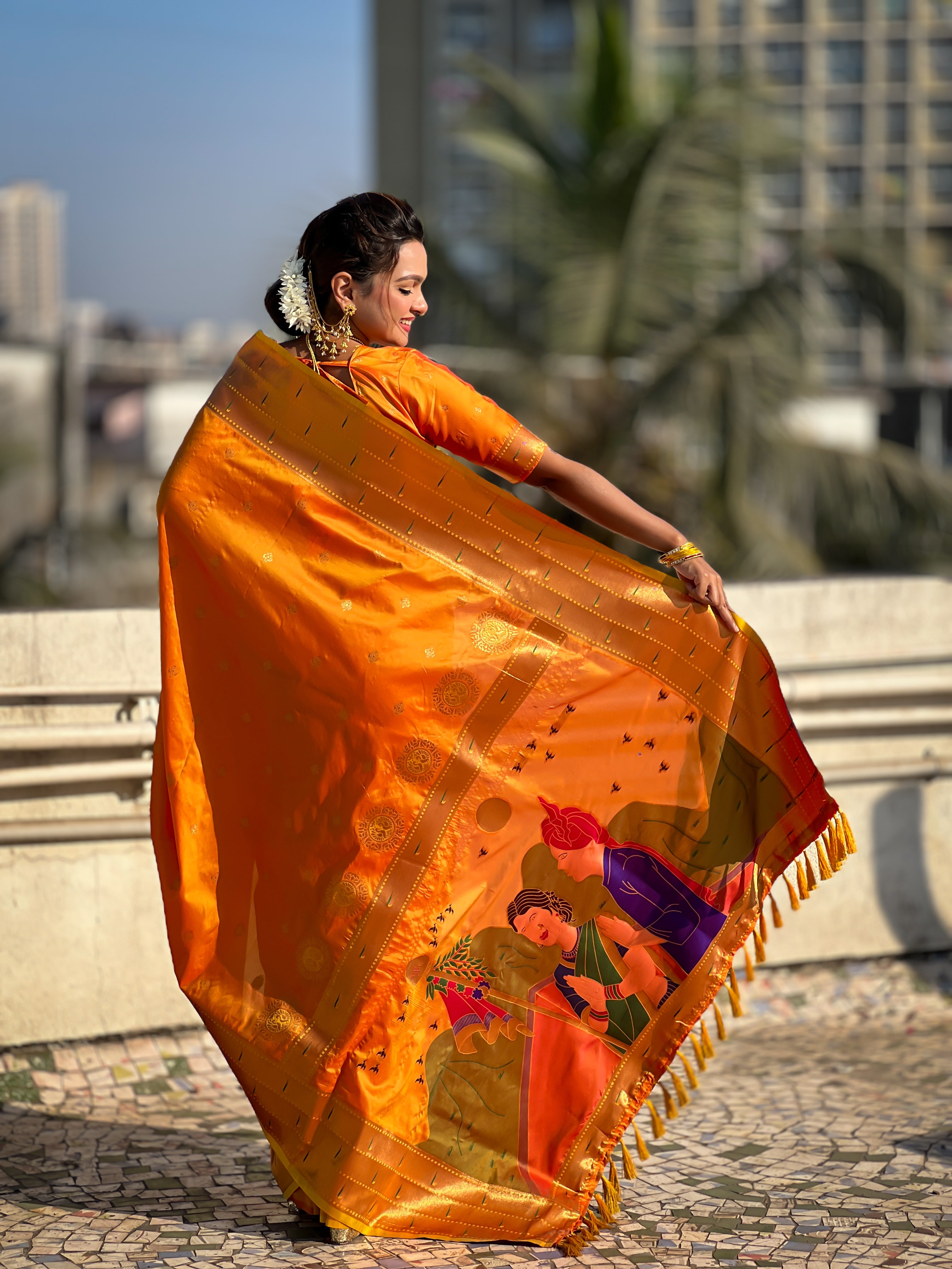 Orange Soft Silk Weaving Figure Pallu Designer Ceremonial Saree