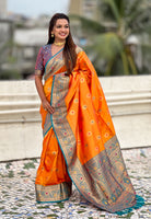 Orange Soft Silk Woven Meenakari Designer Trending Partywear Saree