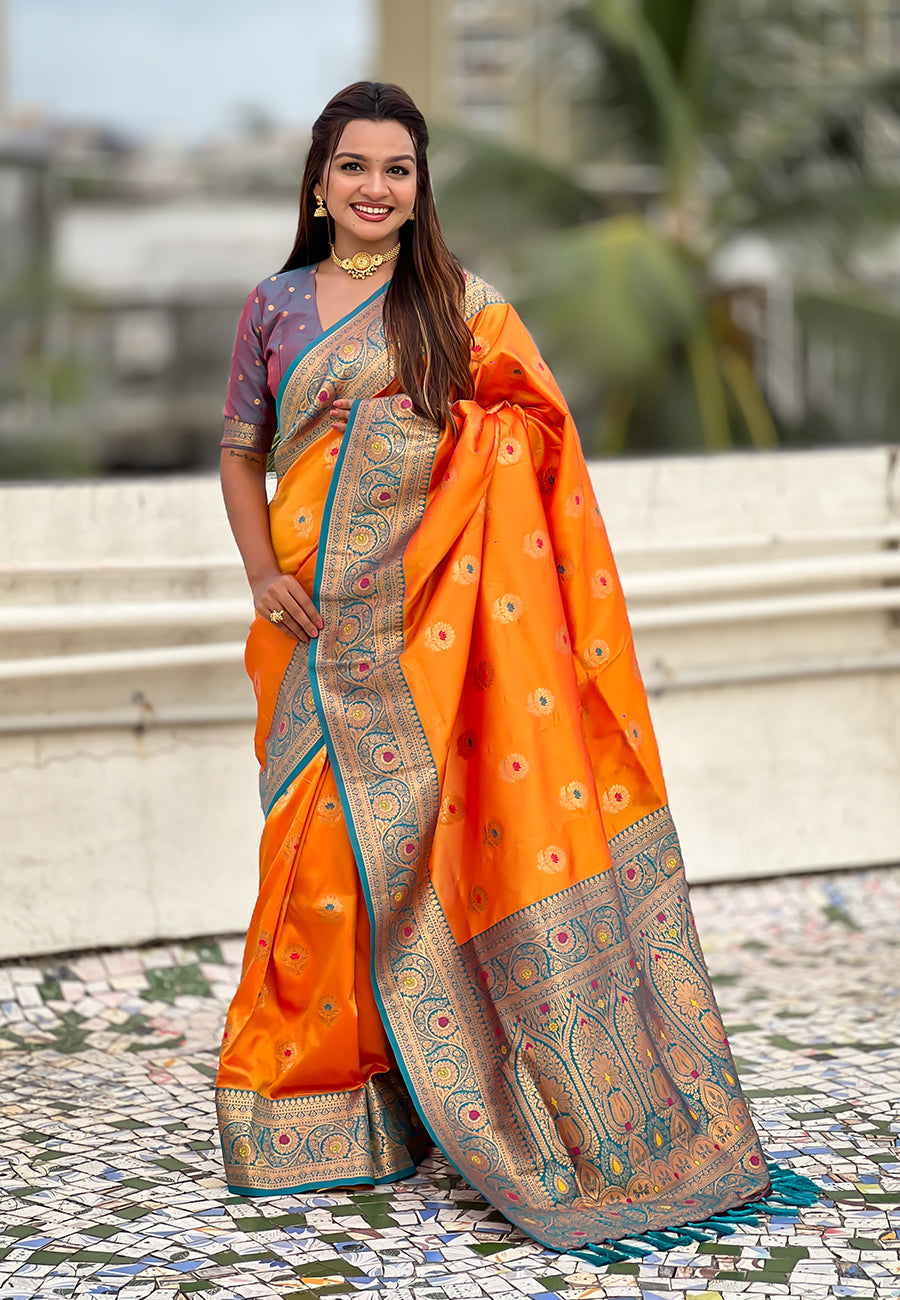 Orange Soft Silk Woven Meenakari Designer Trending Partywear Saree