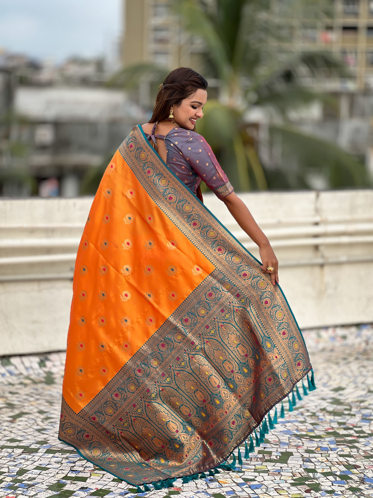 Orange Soft Silk Woven Meenakari Designer Trending Partywear Saree