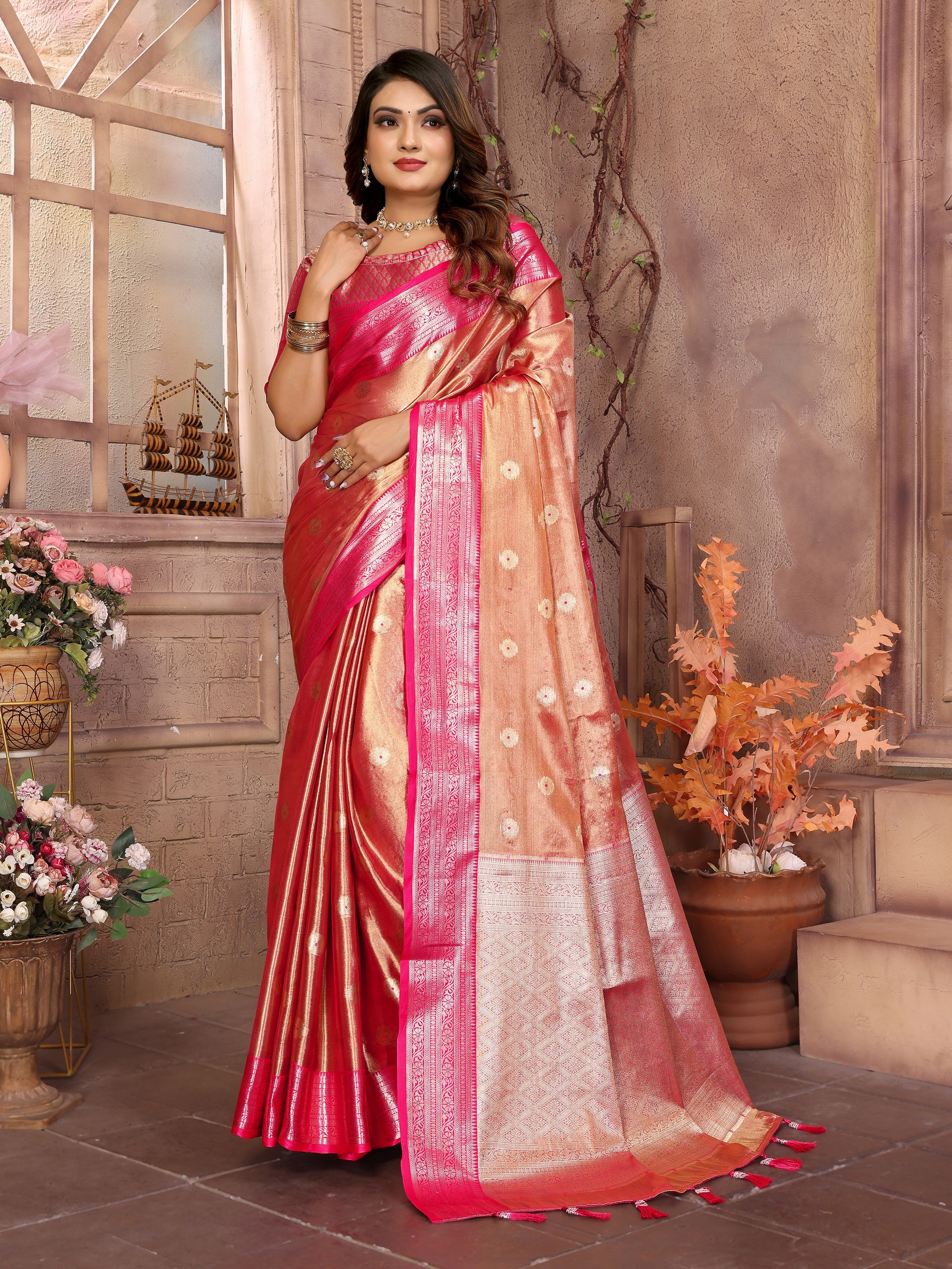 Orange Tissue Silk Ethnic Saree With Woven Handloom Designer