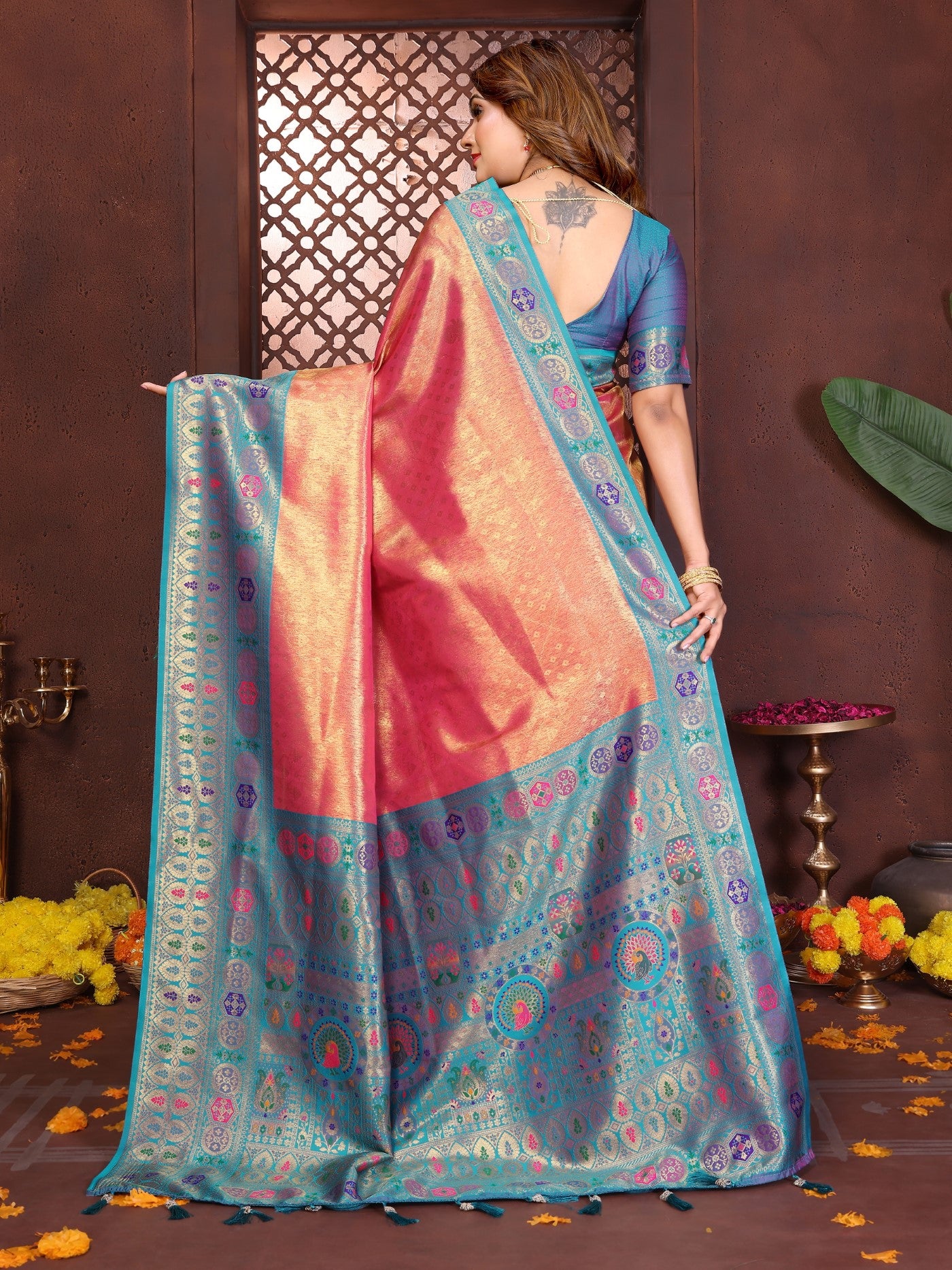 Orange Tissue Silk Saree With Classic Weaving