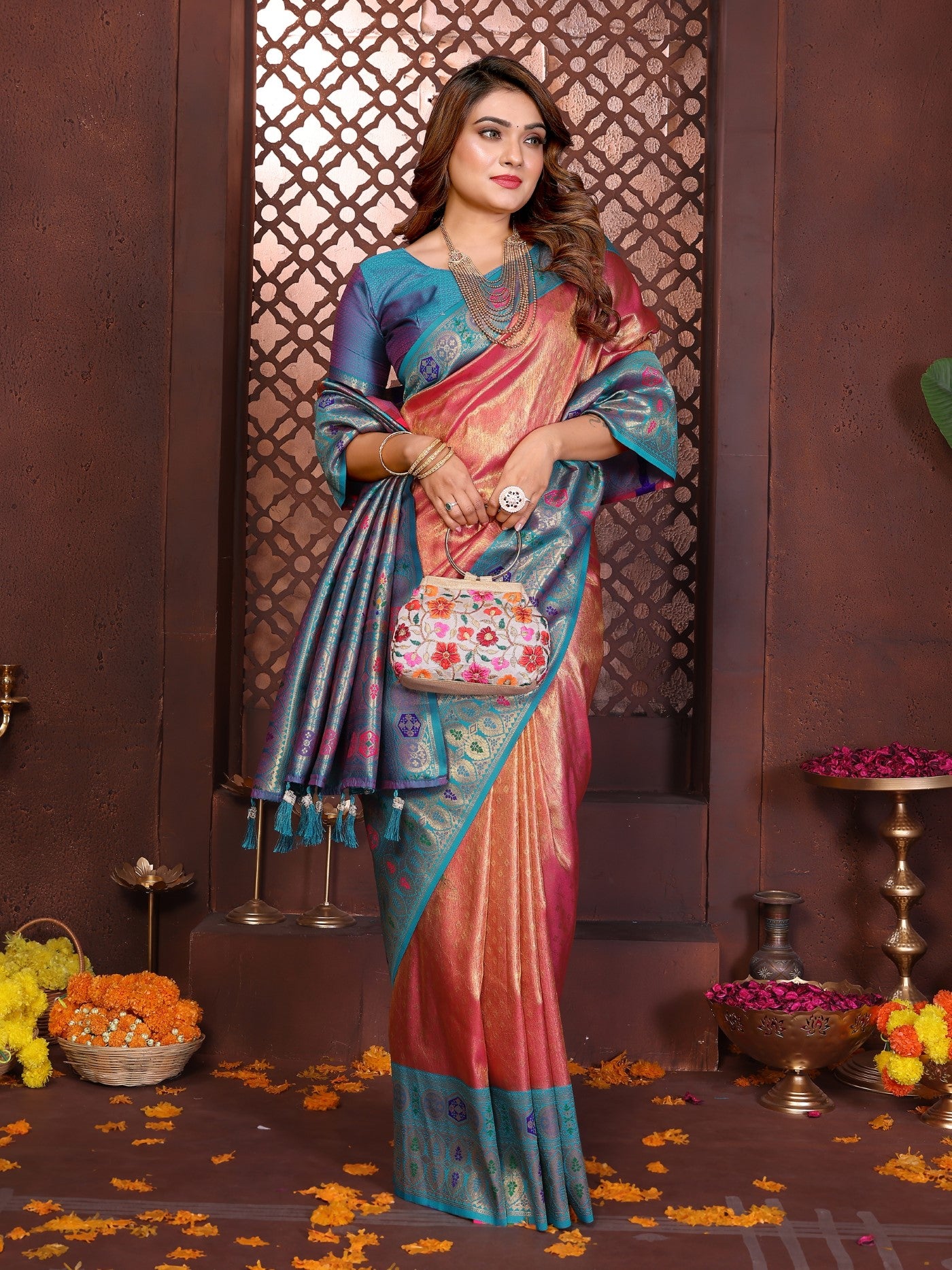 Orange Tissue Silk Saree With Classic Weaving