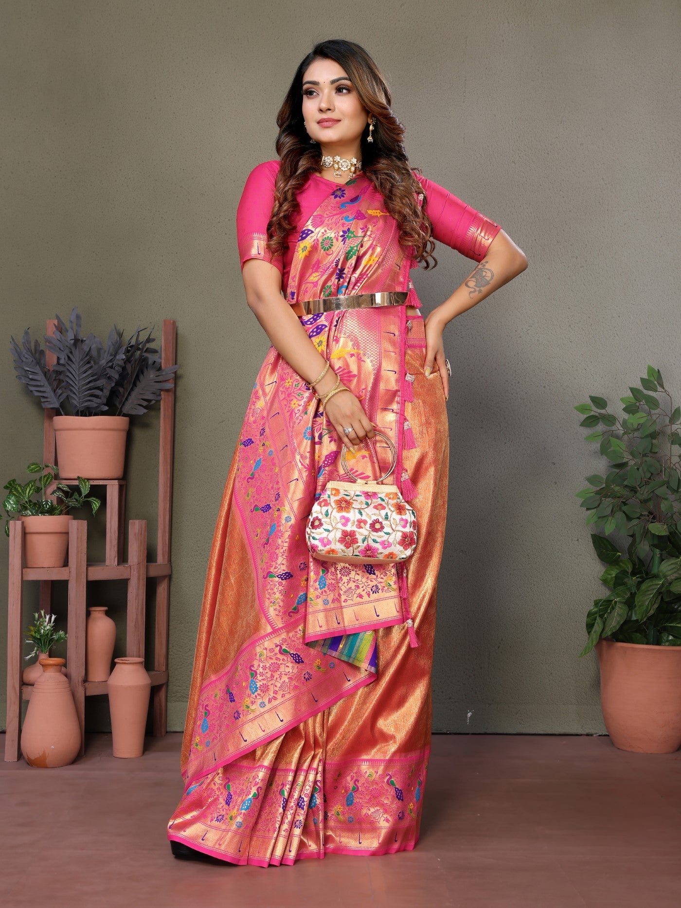 Orange Tissue Silk Saree With Paithani Woven