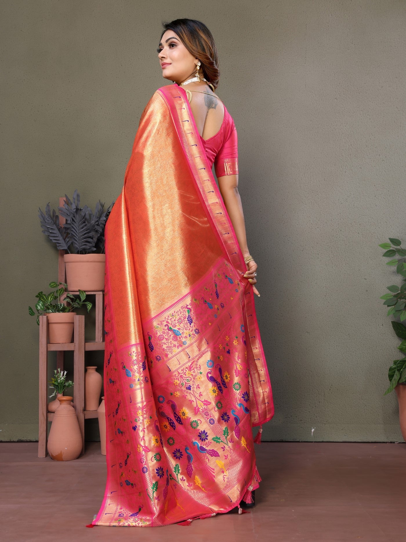 Orange Tissue Silk Saree With Paithani Woven