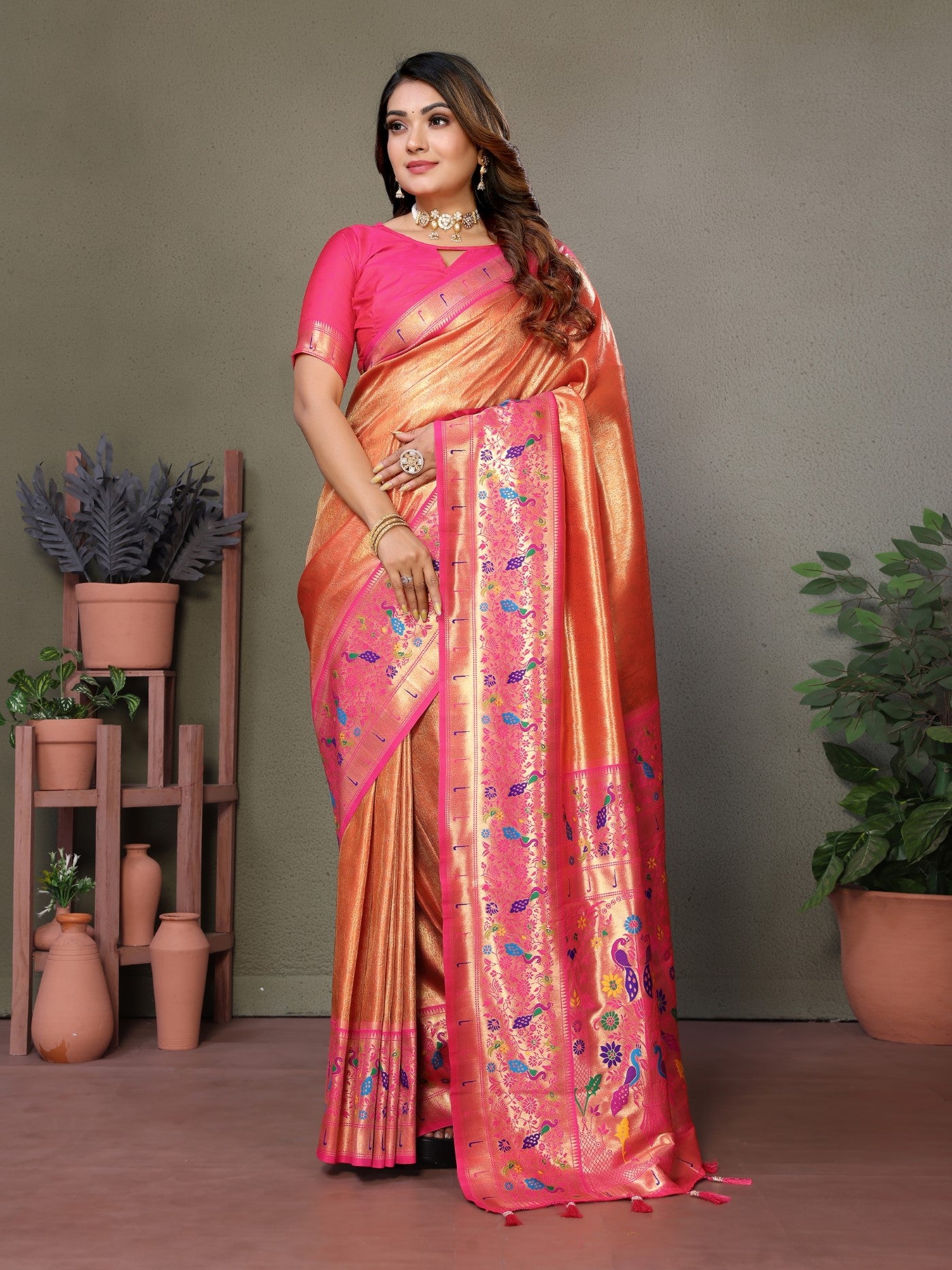 Orange Tissue Silk Saree With Paithani Woven
