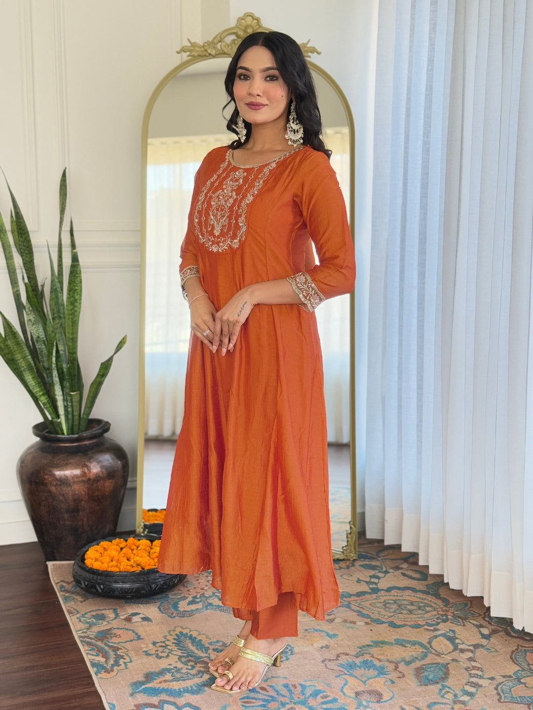 Orange Vichitra Silk Elegant Kurta Pant Set With Embroidery Work