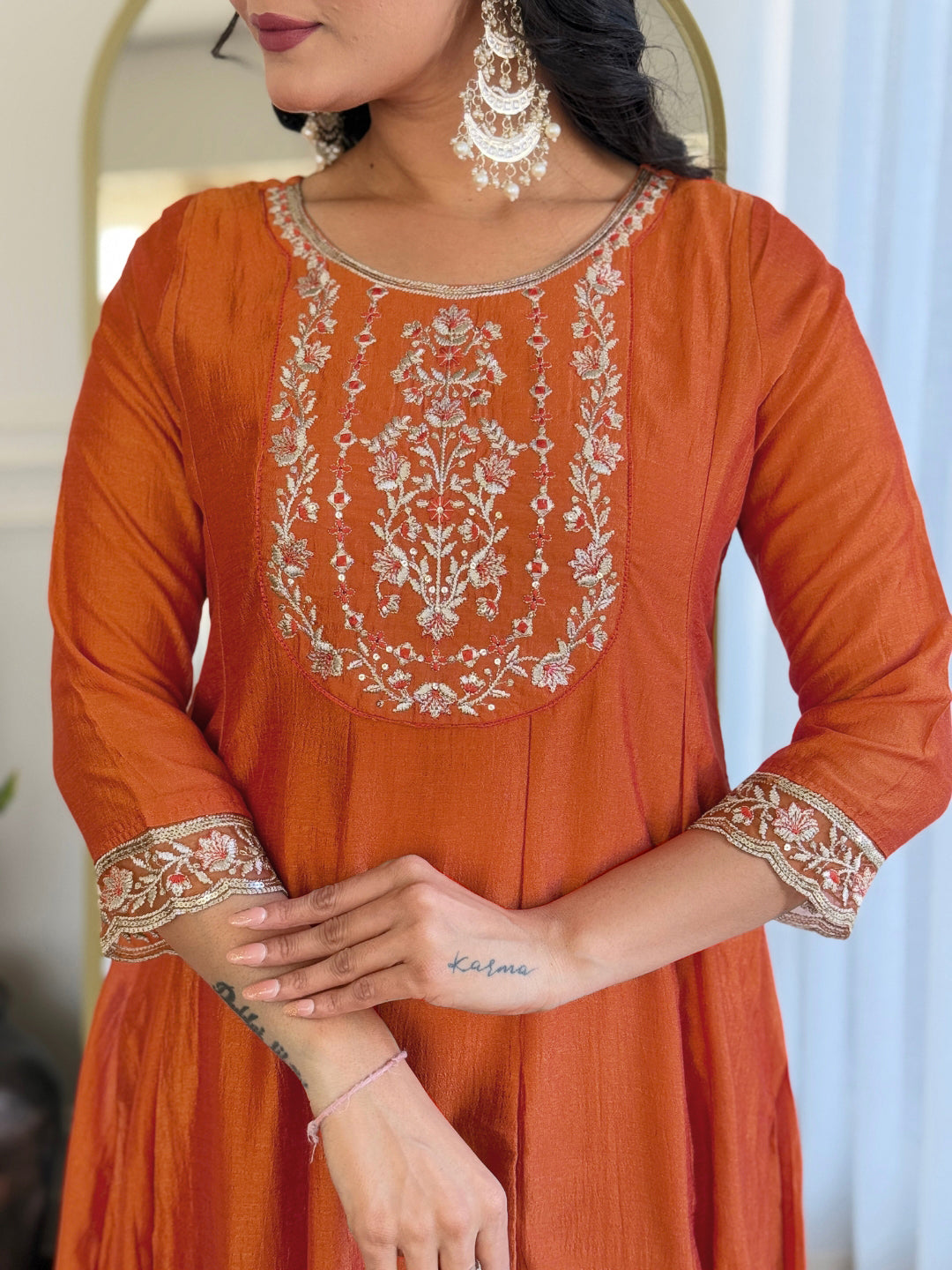 Orange Vichitra Silk Elegant Kurta Pant Set With Embroidery Work