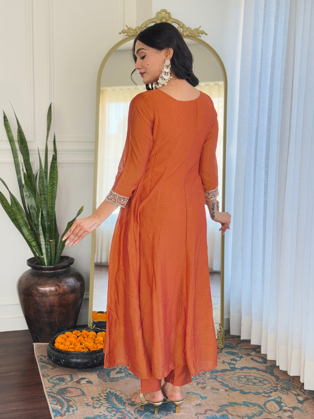 Orange Vichitra Silk Elegant Kurta Pant Set With Embroidery Work
