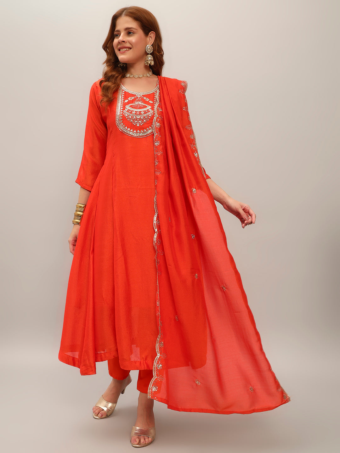 Orange Vichitra Silk Elegant Kurta Pant Set With Embroidery Work