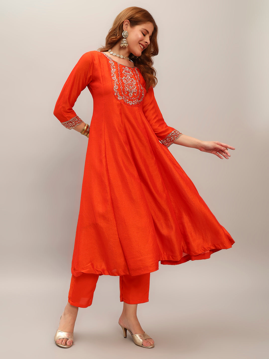 Orange Vichitra Silk Elegant Kurta Pant Set With Embroidery Work