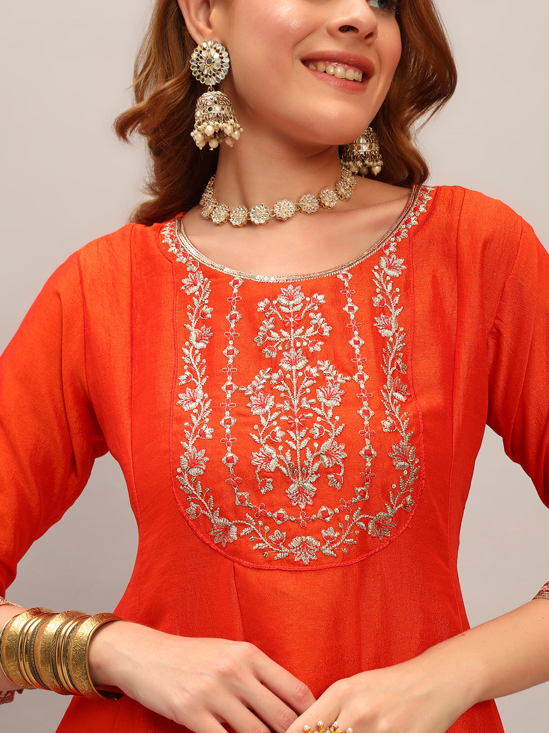 Orange Vichitra Silk Elegant Kurta Pant Set With Embroidery Work