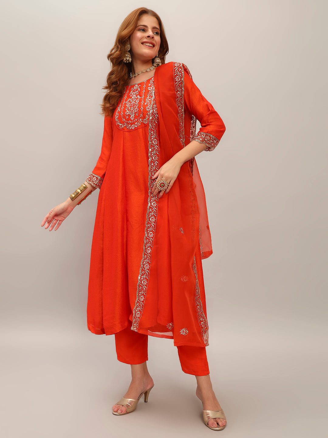Orange Vichitra Silk Elegant Kurta Pant Set With Embroidery Work