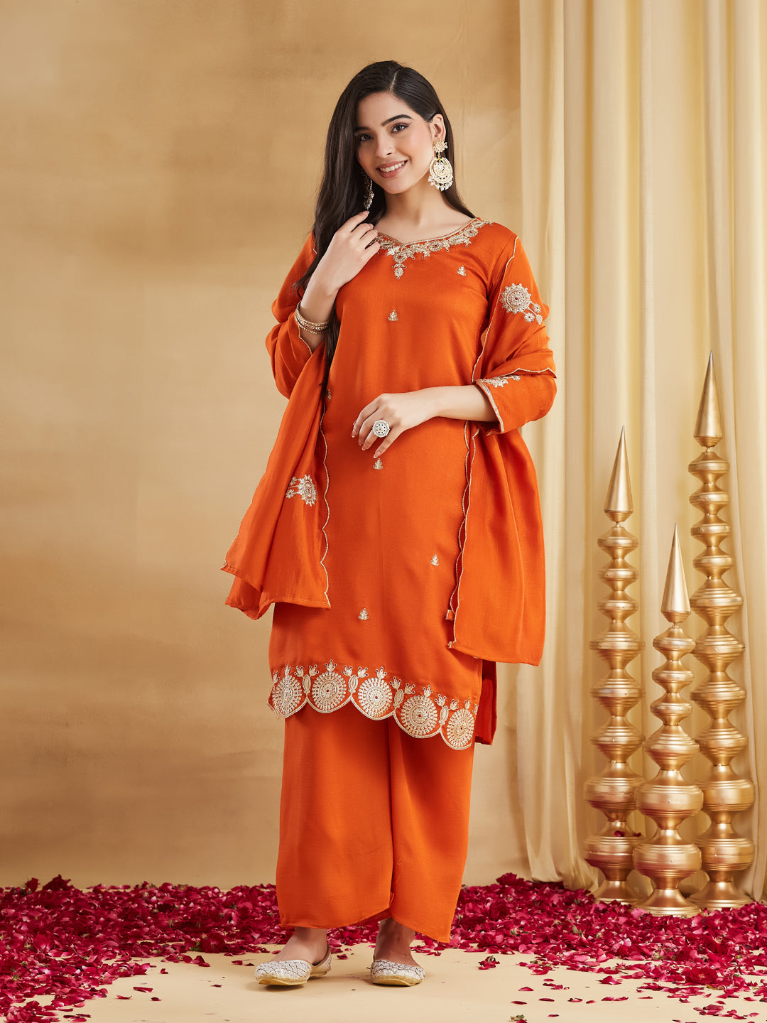 Orange Vichitra Silk Kurta Pant Set With Heavy Thread Embroidery Sequins Work