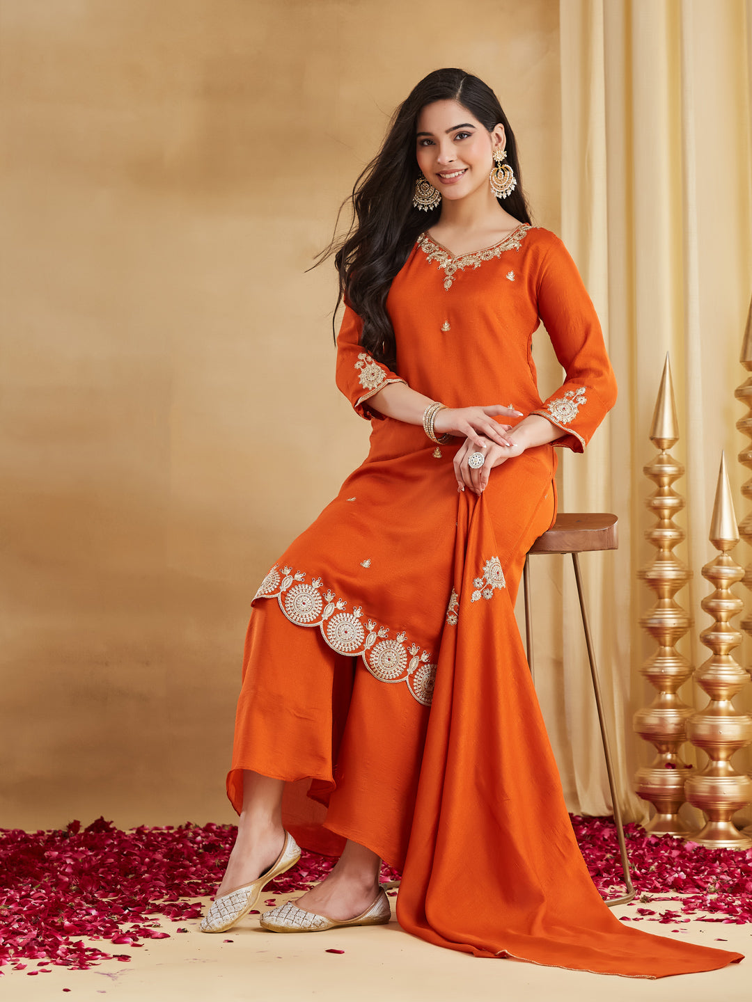 Orange Vichitra Silk Kurta Pant Set With Heavy Thread Embroidery Sequins Work
