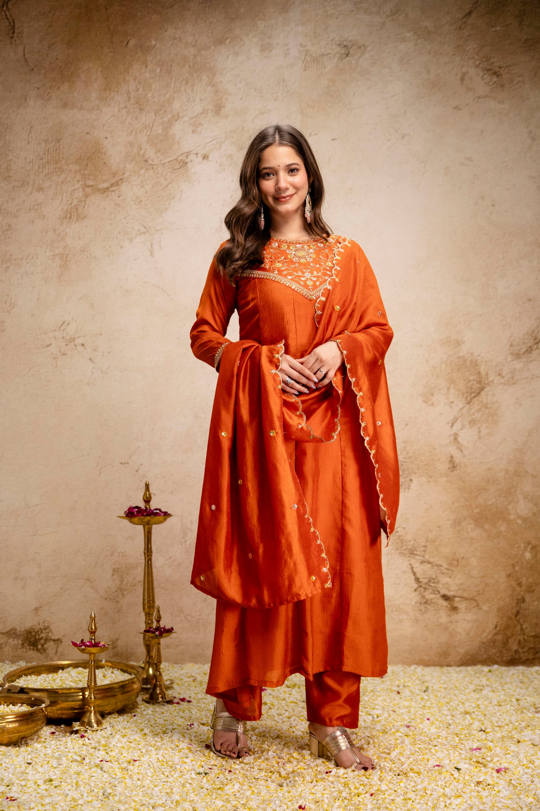 Orange Vichitra Silk Kurta Pant Set With Heavy Thread Embroidery Work
