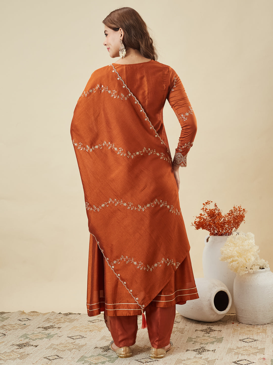 Orange Vichitra Silk Kurta Pant Set With Heavy Thread Embroidery Work