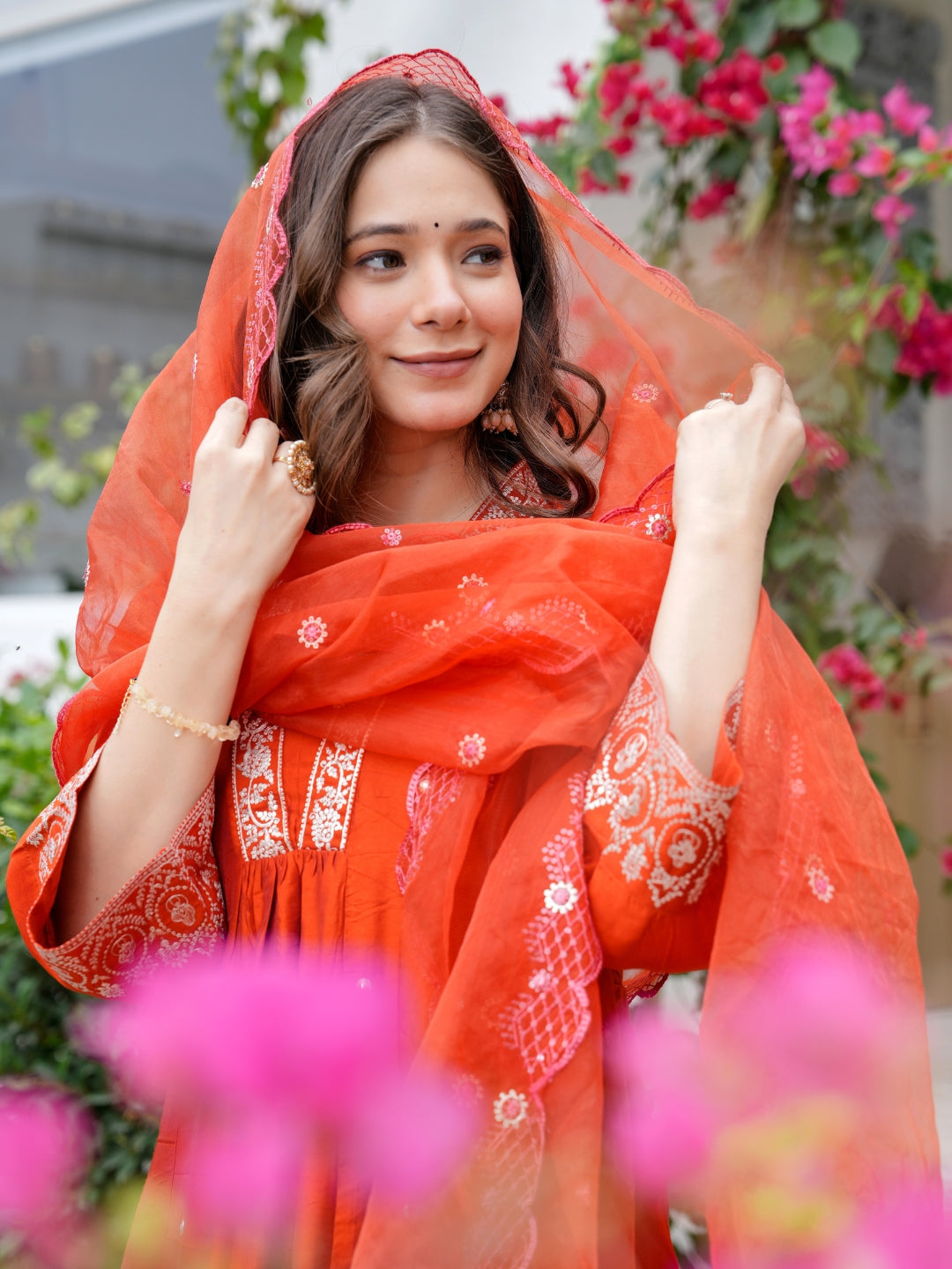 Orange Viscose Chanderi Elegant Kurta Pant Set With Embroidery Work