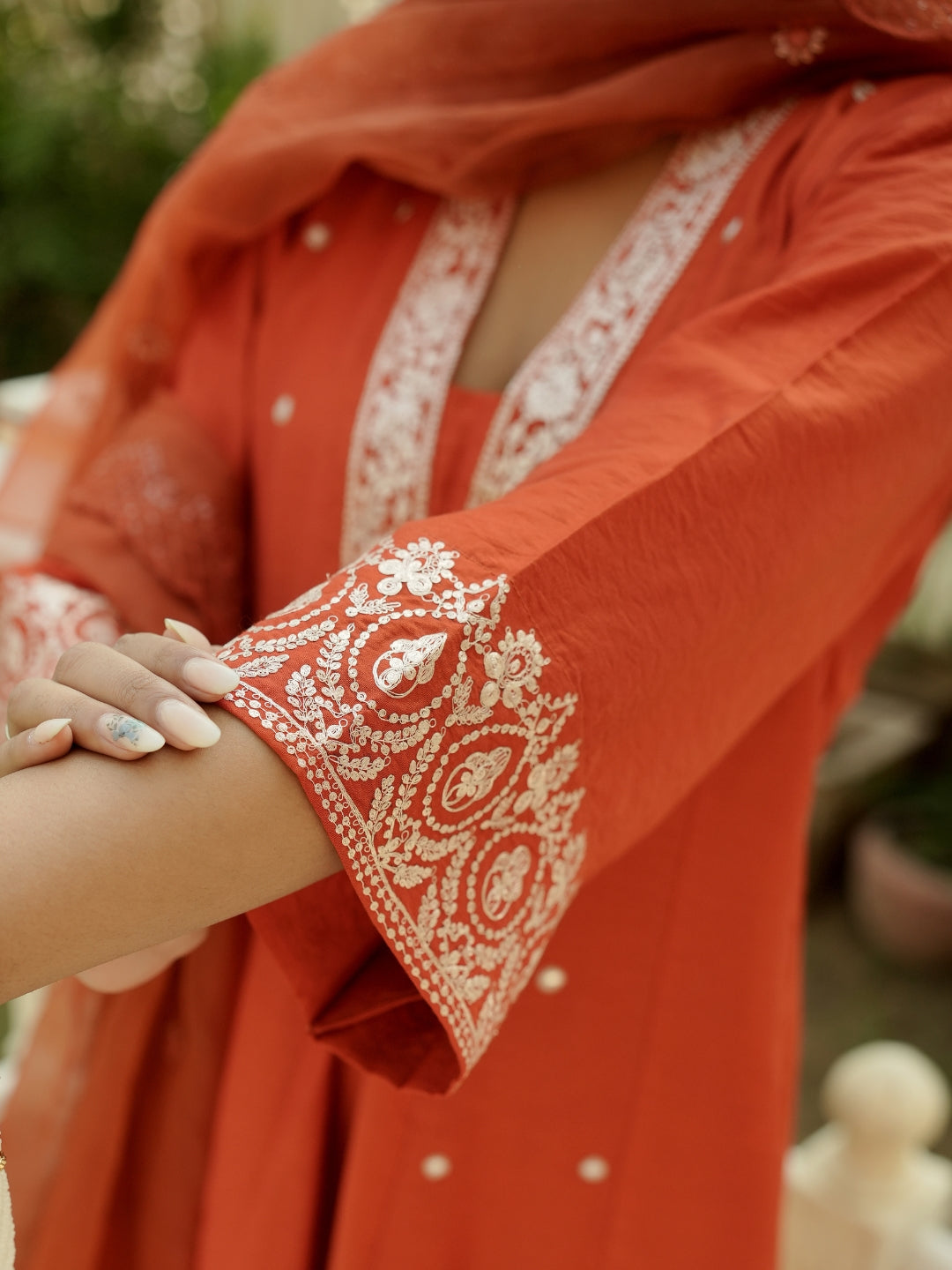 Orange Viscose Chanderi Elegant Kurta Pant Set With Embroidery Work