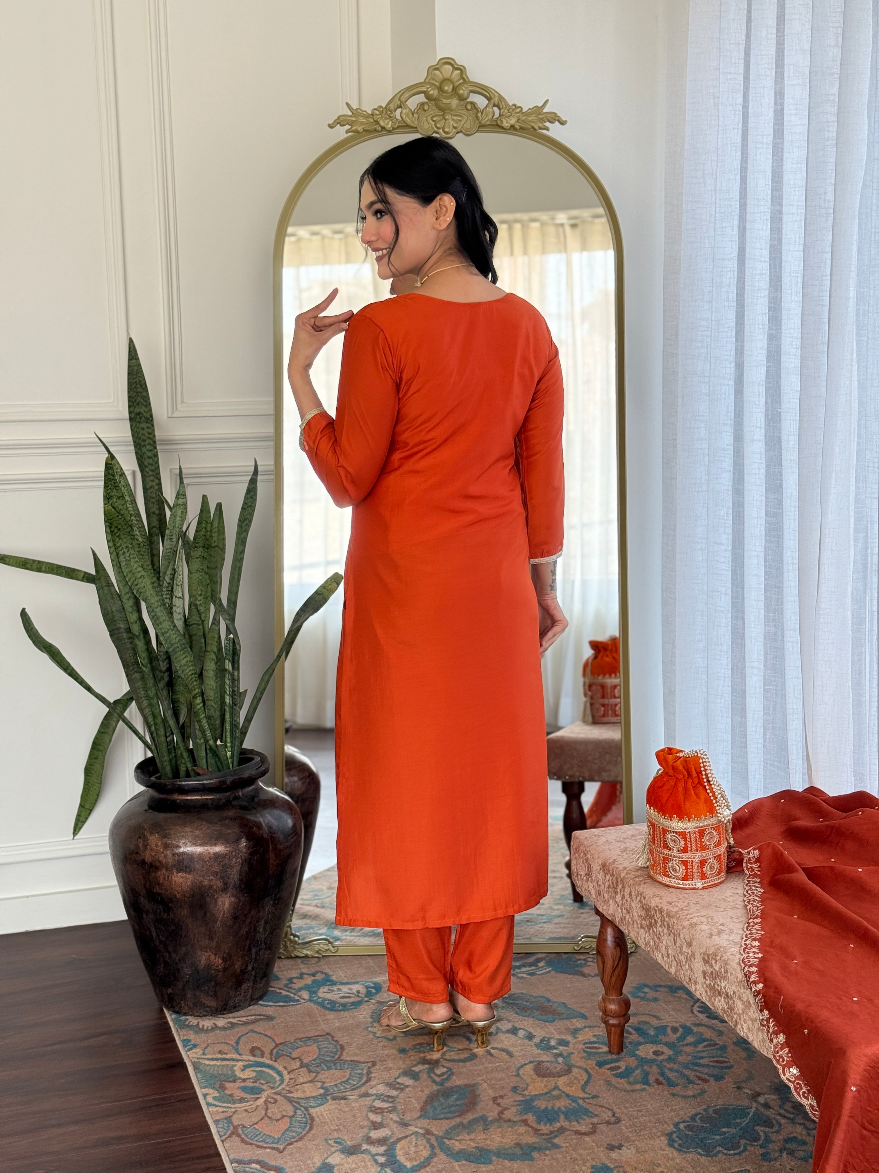 Orange Viscose Chinon Elegant Kurta Pant Set With Embroidery Work
