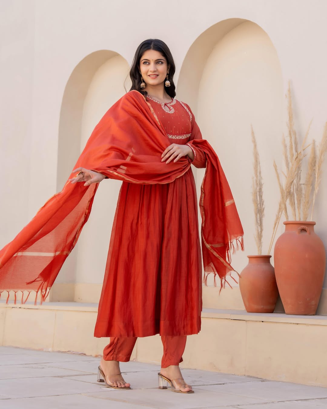 Orange Viscose Silk Kurta Pant Set With Embroidery Work