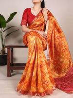 Orange Weaving Pattern And Zari Weaving Border With Fancy Tassels Ethnic Raw Silk Saree
