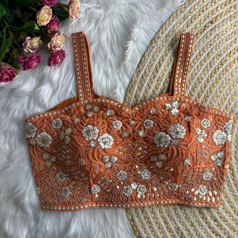 Orange Womens Spaghetti Western Designer Blouse  Fox Georgette Embroidered & Sequins Partywear