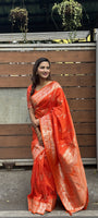 Orange Woven Jacquard Jari Designer Banarasi Silk Festive Ceremonial Saree