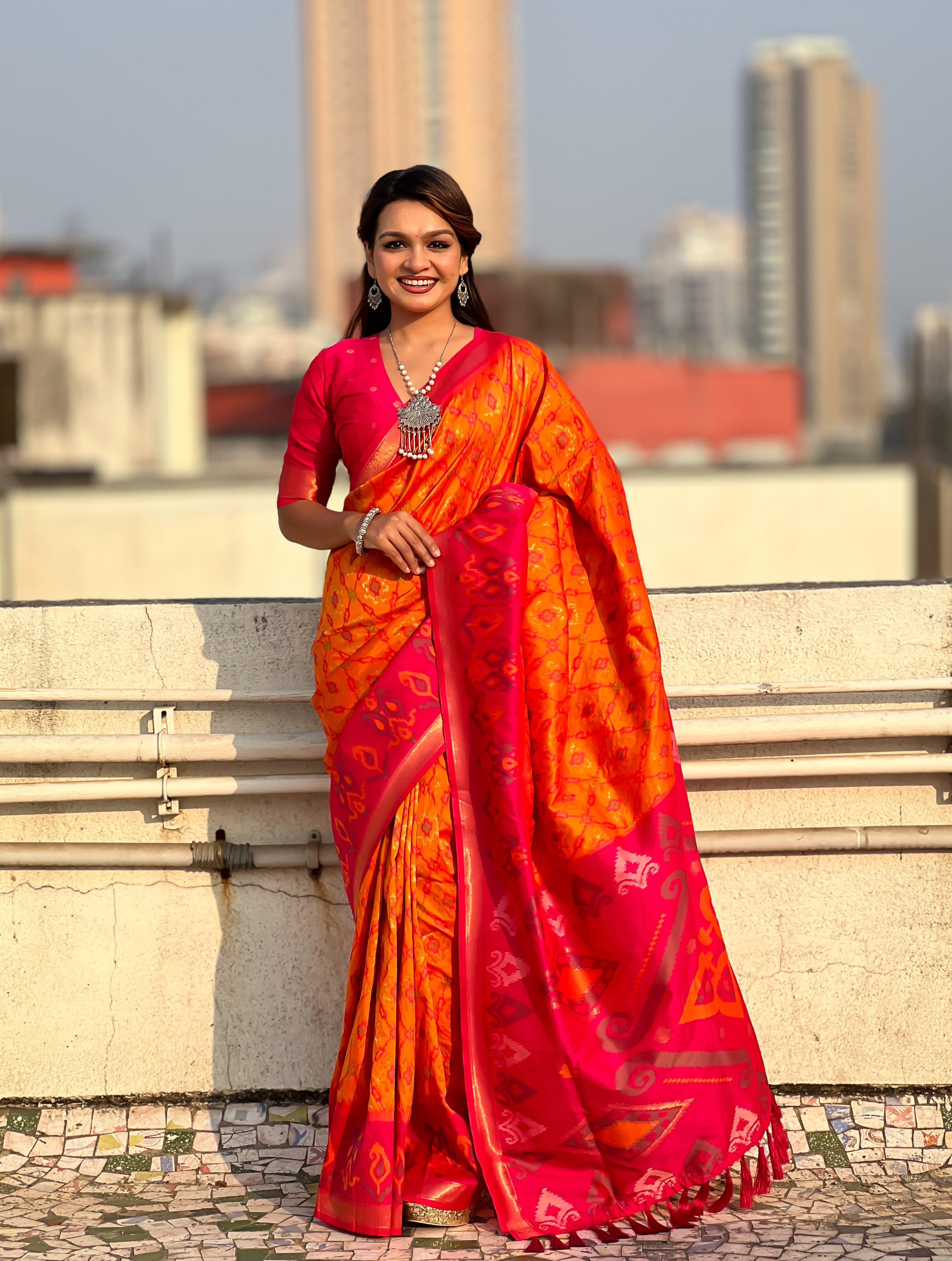 Orange Woven Meenakari Ikkat Designer Patola Silk Ceremonial Saree