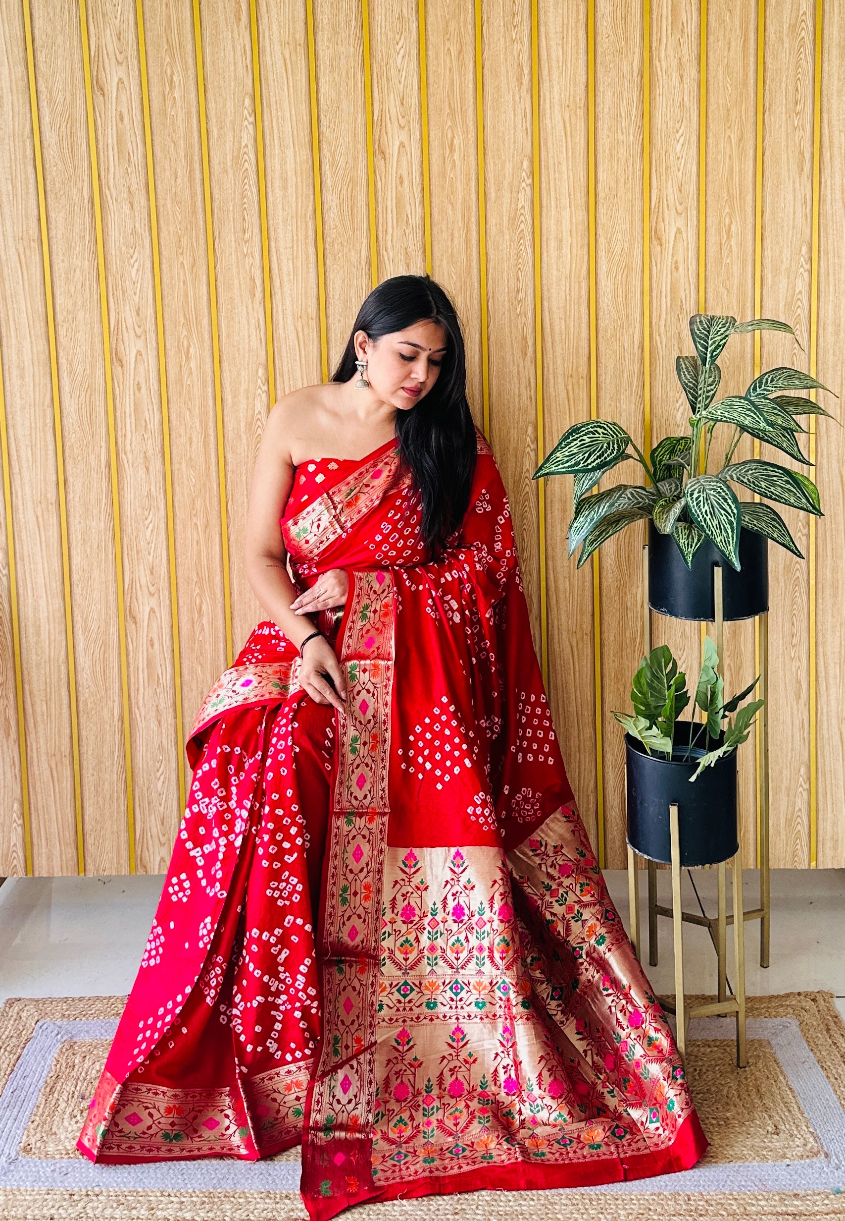 Orange Woven Paithani Designer With Bandhej Printed Beautiful Ceremonial Saree