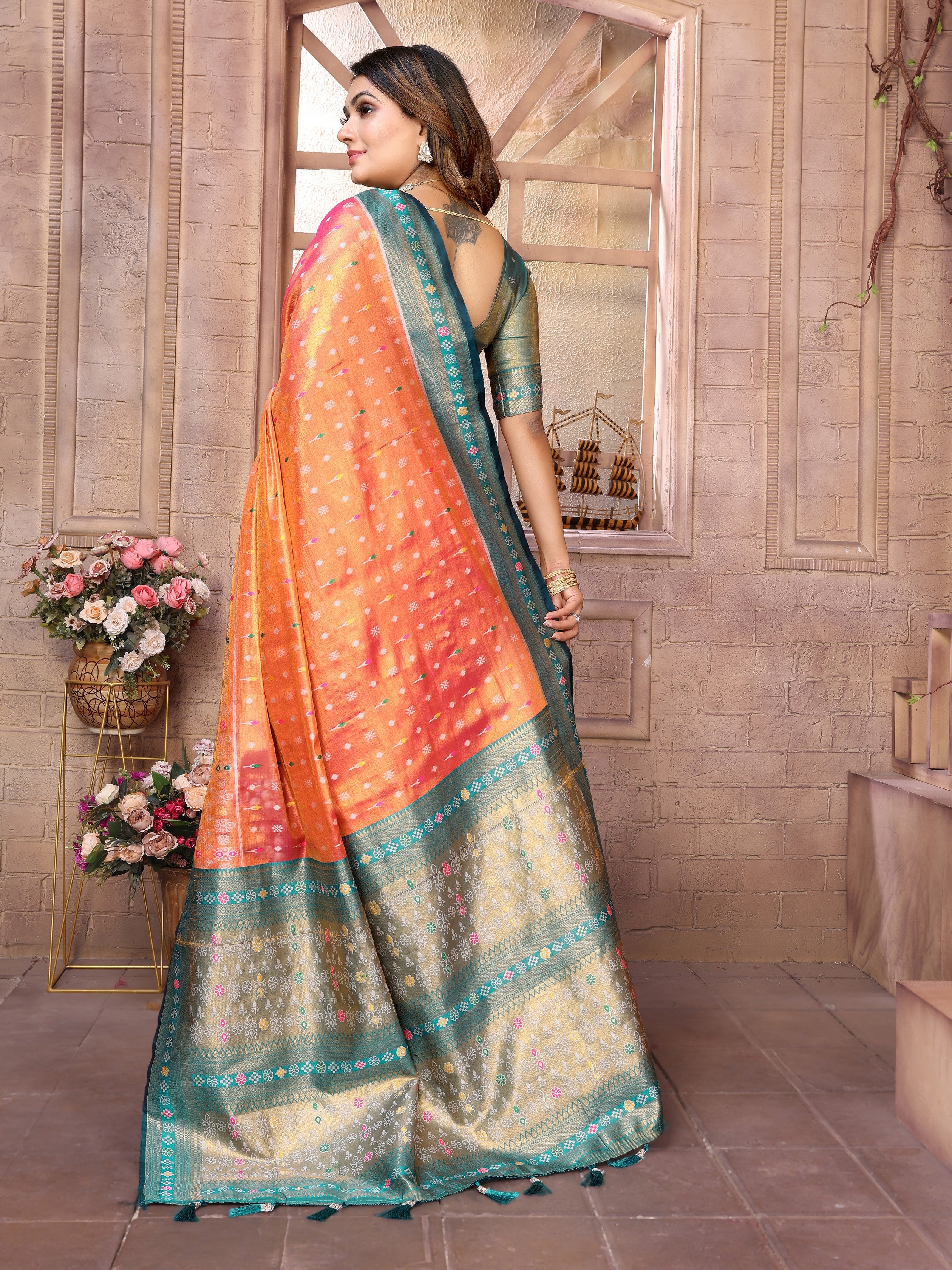 Orange Woven Patola Designer Banarasi Tissue Silk Saree