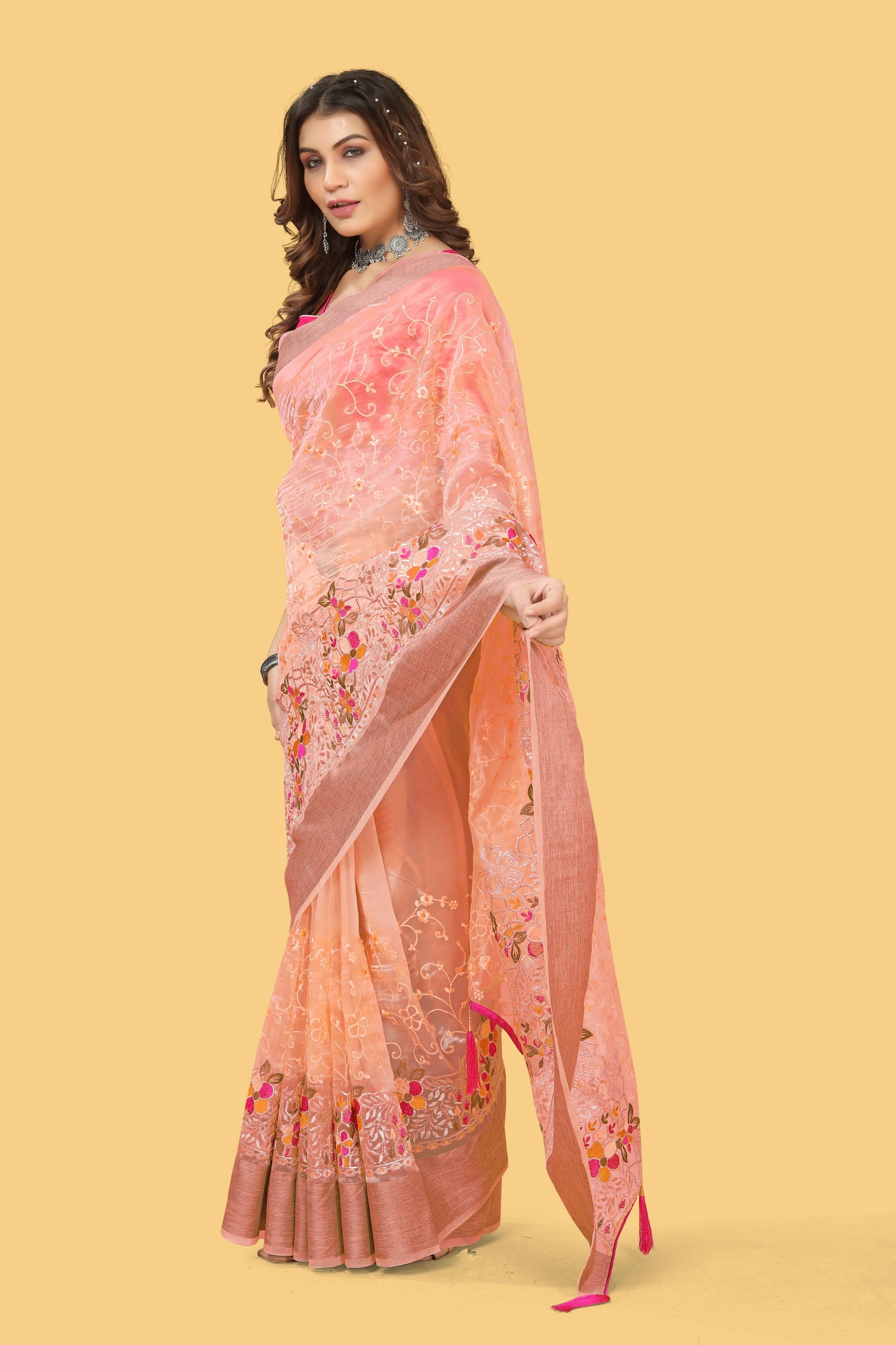 Orange Woven Patta Organza Silk Saree With Embroidery And Stone Work