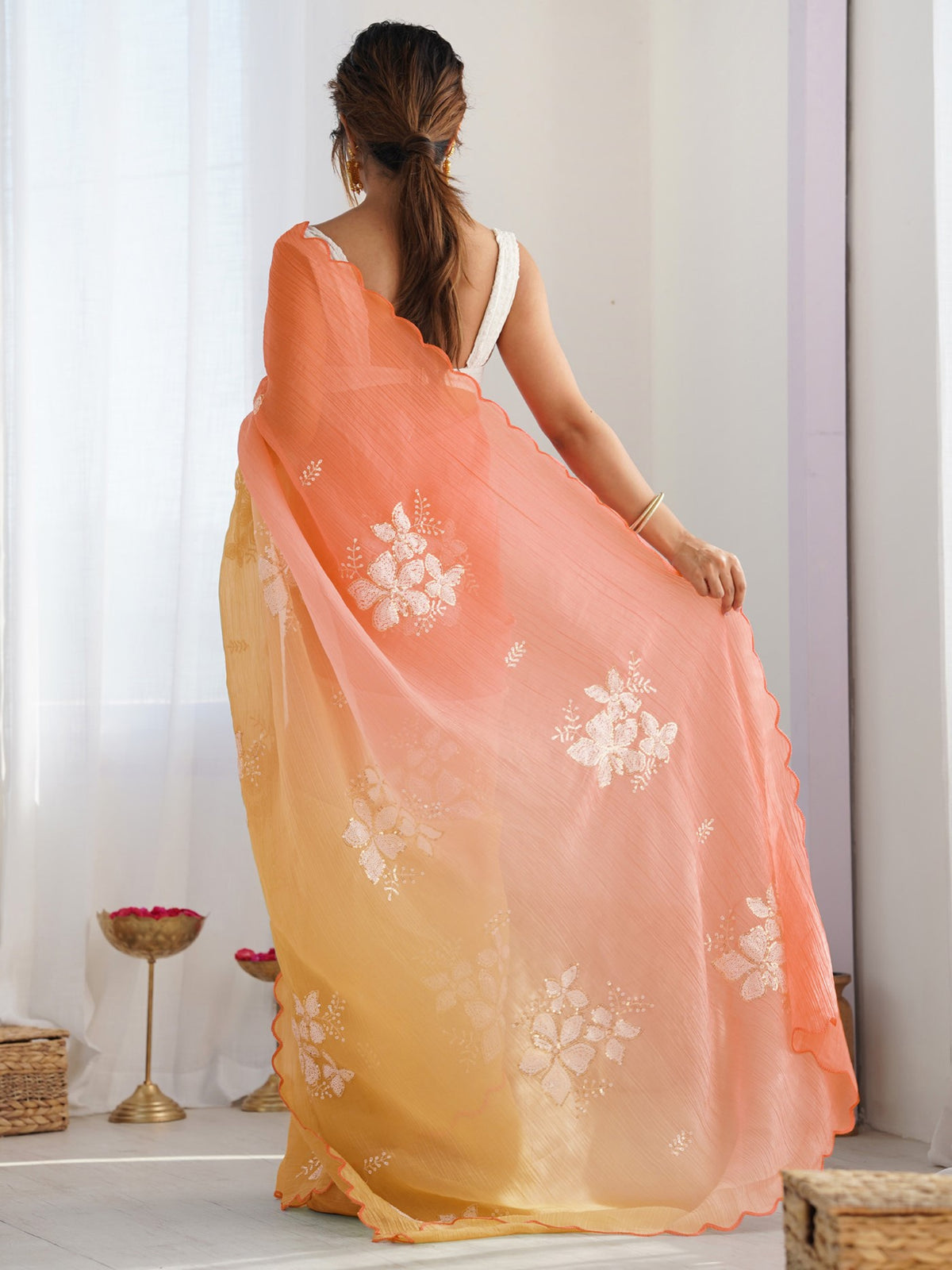 Orange Yellow Gold Crush Saree With Embroidery Work