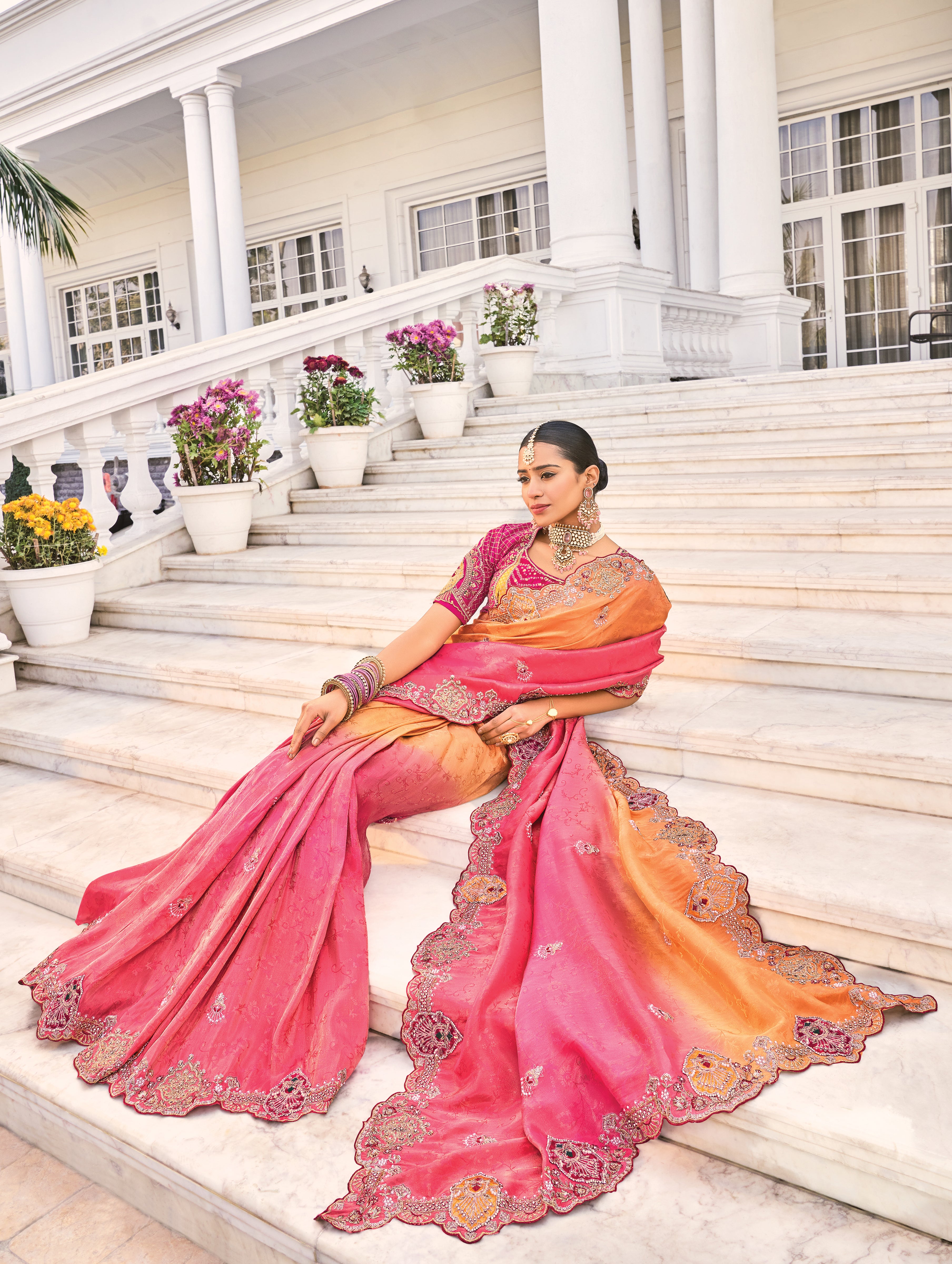 Orange & Rani Natural Crepe Jacquard Saree With Embroidery Work