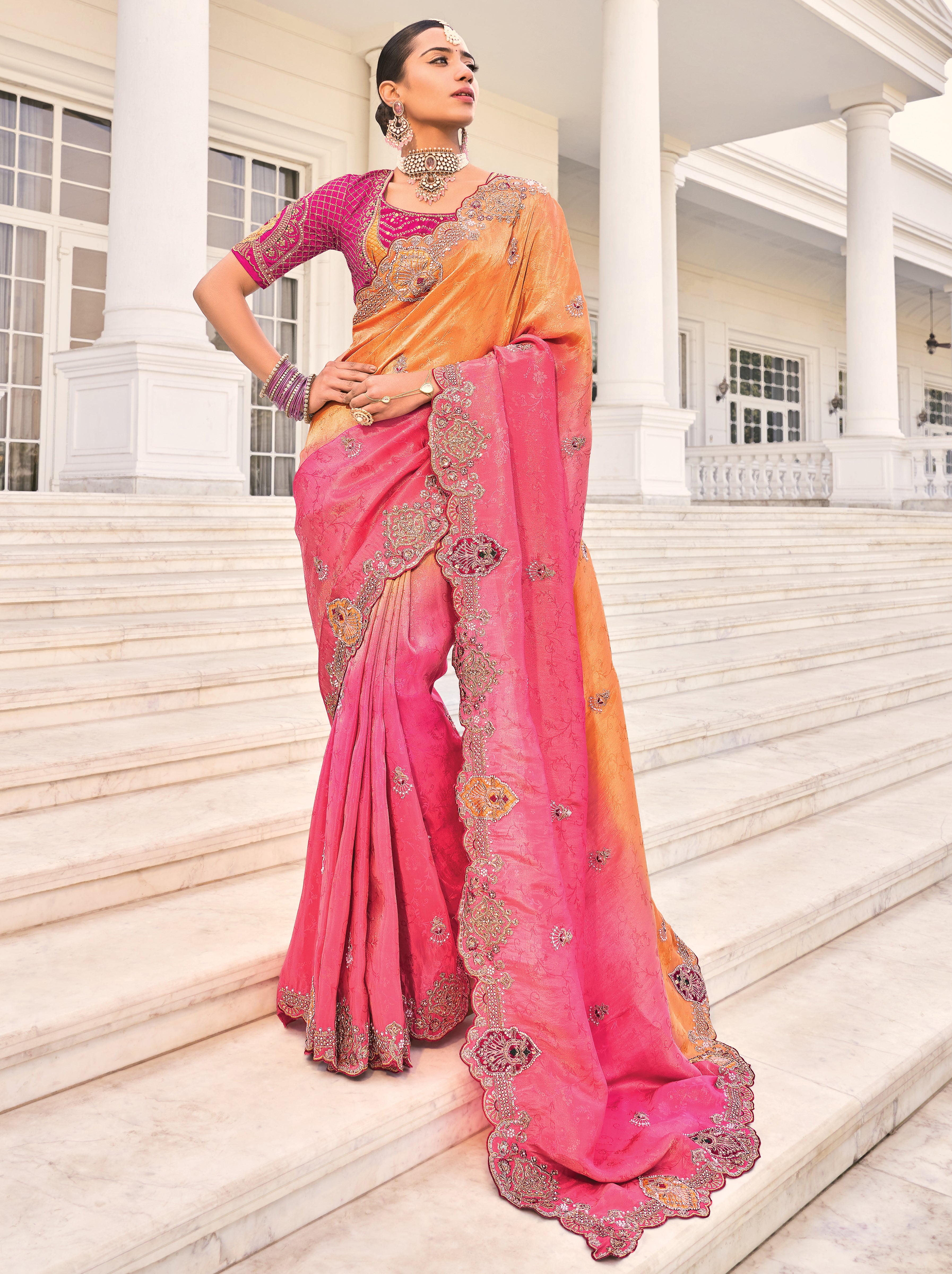 Orange & Rani Natural Crepe Jacquard Saree With Embroidery Work