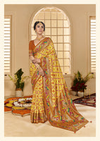 Orange & Yellow Ethnic Woven Border Designer With Ikkat Printed Cotton Silk Saree