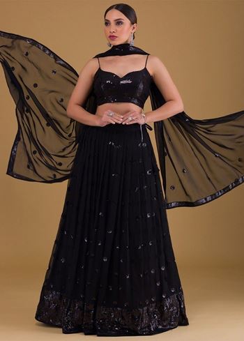 Outstanding Black Sequins Georgette Party Wear Lehenga Choli